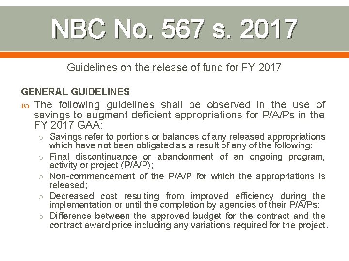 NBC No. 567 s. 2017 Guidelines on the release of fund for FY 2017