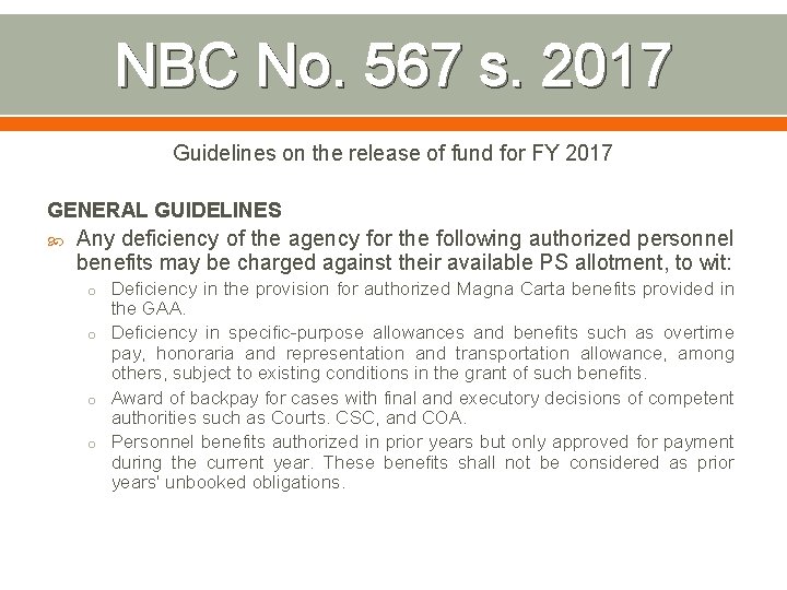 NBC No. 567 s. 2017 Guidelines on the release of fund for FY 2017