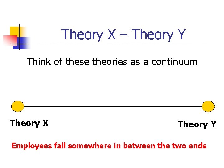 Theory X – Theory Y Think of these theories as a continuum Theory X