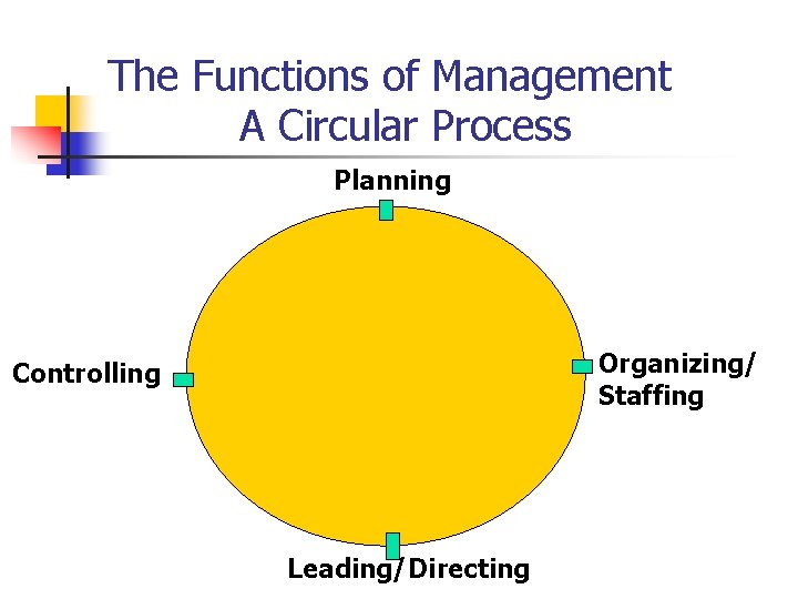 The Functions of Management A Circular Process Planning Organizing/ Staffing Controlling Leading/Directing 