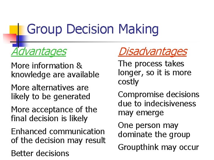 Group Decision Making Advantages Disadvantages More information & knowledge are available The process takes