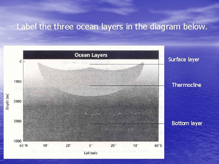 Label the three ocean layers in the diagram below. Surface layer Thermocline Bottom layer