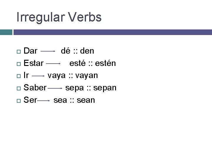 Irregular Verbs Dar dé : : den Estar esté : : estén Ir vaya