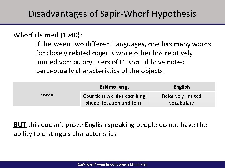 Disadvantages of Sapir-Whorf Hypothesis Whorf claimed (1940): if, between two different languages, one has