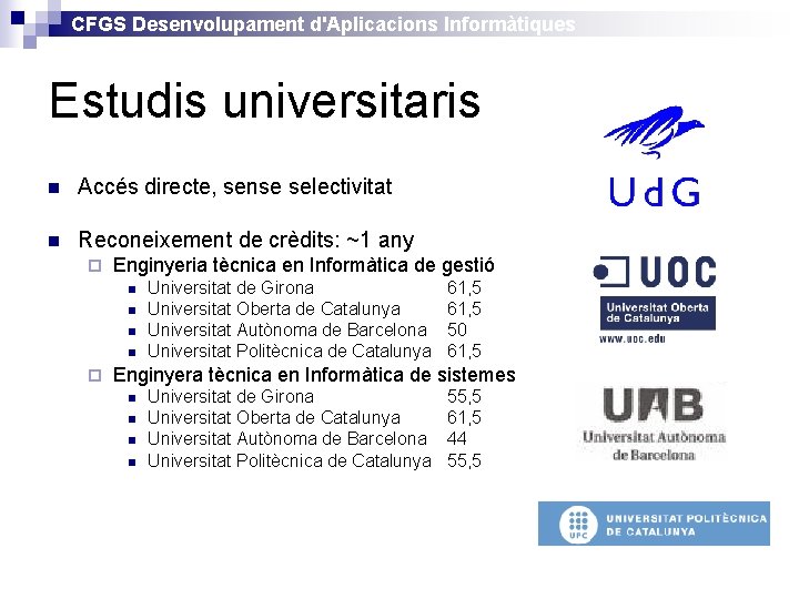 CFGS Desenvolupament d'Aplicacions Informàtiques Estudis universitaris n Accés directe, sense selectivitat n Reconeixement de