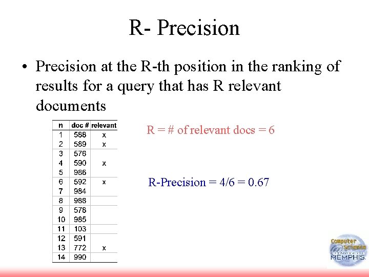 R- Precision • Precision at the R-th position in the ranking of results for