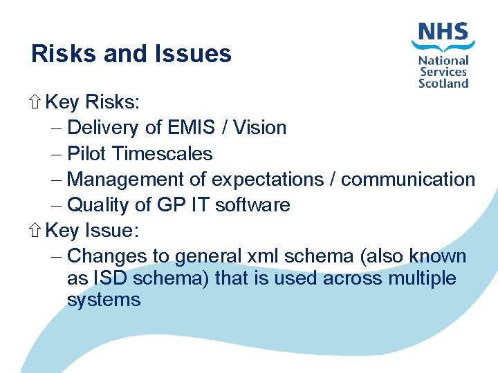 Risks and Issues Key Risks: Delivery of EMIS / Vision Pilot Timescales Management of