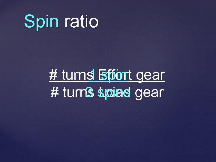 Spin ratio # turns 1 Effort spin gear # turns 3 spins Load gear