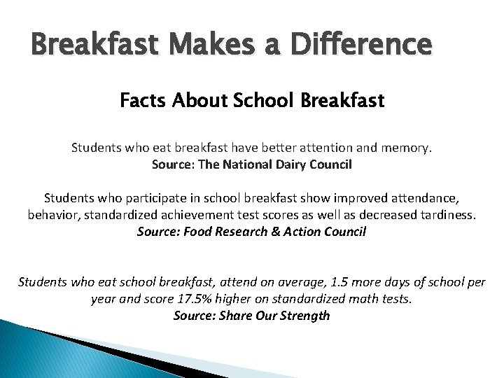 Breakfast Makes a Difference Facts About School Breakfast Students who eat breakfast have better