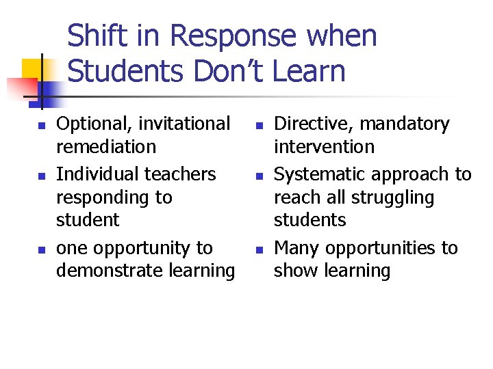 Shift in Response when Students Don’t Learn n Optional, invitational remediation Individual teachers responding
