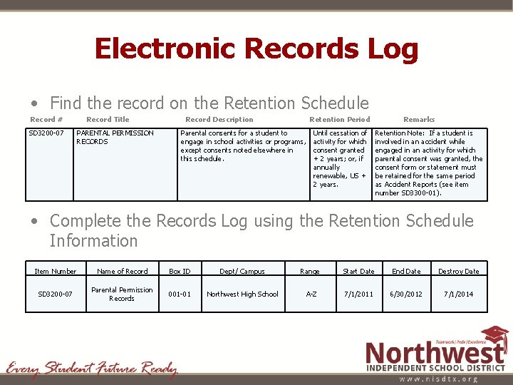 Electronic Records Log • Find the record on the Retention Schedule Record # SD