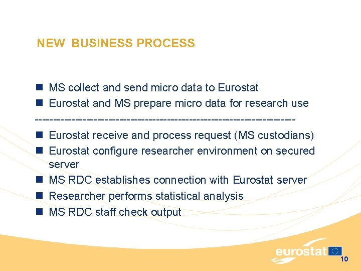 NEW BUSINESS PROCESS n MS collect and send micro data to Eurostat n Eurostat