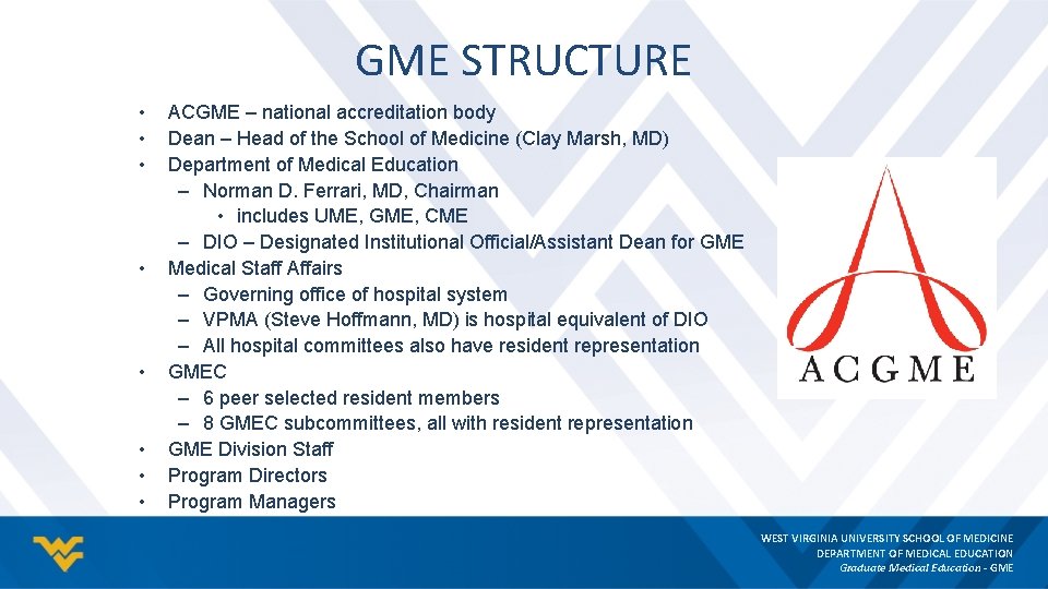 GME STRUCTURE • • ACGME – national accreditation body Dean – Head of the
