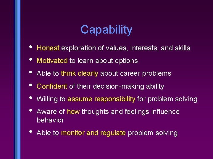 Capability • • • Honest exploration of values, interests, and skills • Able to