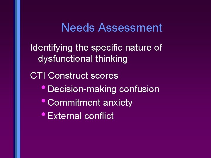 Needs Assessment Identifying the specific nature of dysfunctional thinking CTI Construct scores • Decision-making