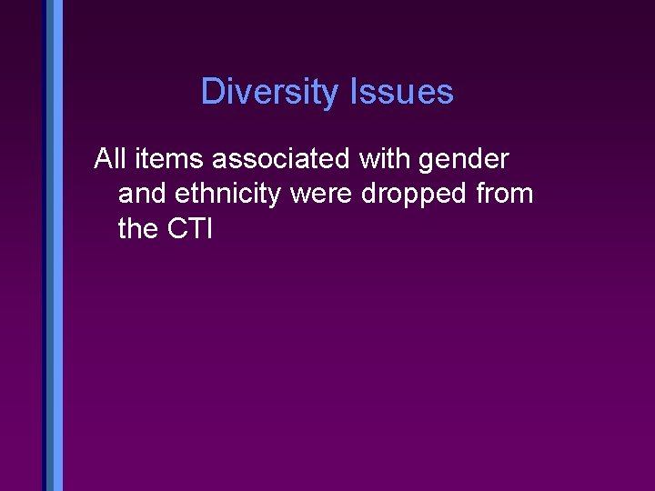 Diversity Issues All items associated with gender and ethnicity were dropped from the CTI