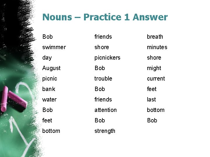 Nouns – Practice 1 Answer Bob friends breath swimmer shore minutes day picnickers shore