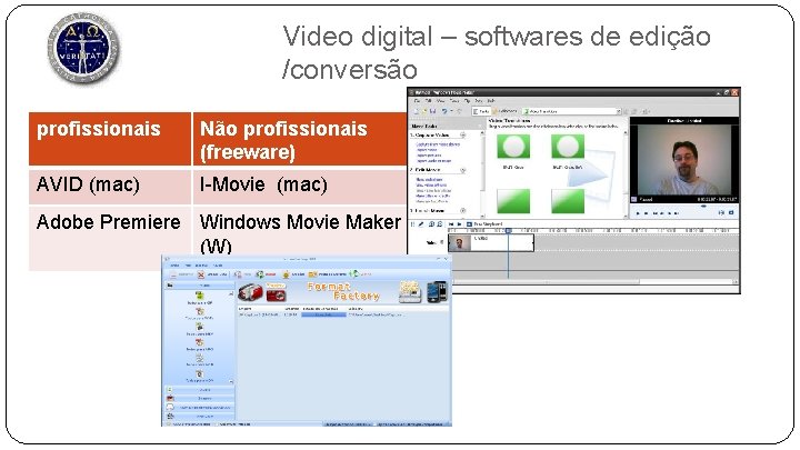 Video digital – softwares de edição /conversão profissionais Não profissionais (freeware) AVID (mac) I-Movie