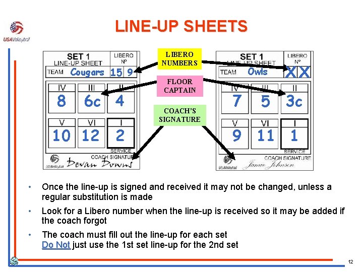 LINE-UP SHEETS Cougars 15 9 8 6 c 4 10 12 2 LIBERO NUMBERS