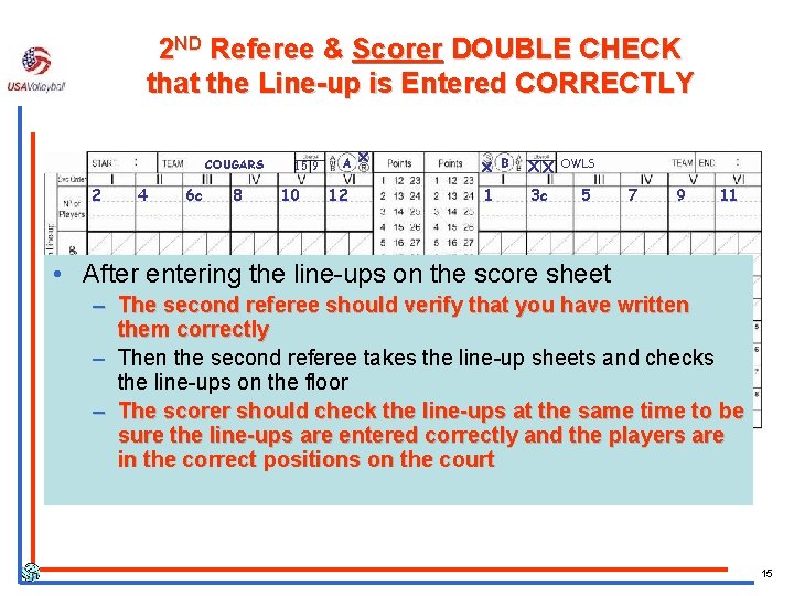 2 ND Referee & Scorer DOUBLE CHECK that the Line-up is Entered CORRECTLY COUGARS