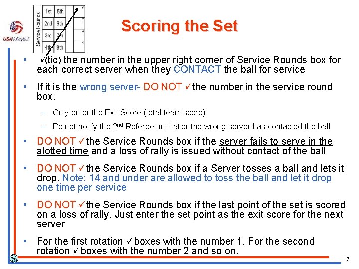 Scoring the Set • ü(tic) the number in the upper right corner of Service