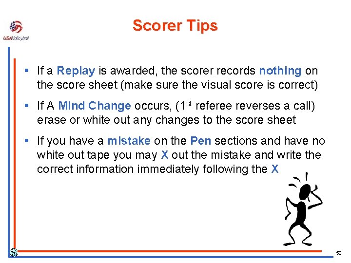 Scorer Tips § If a Replay is awarded, the scorer records nothing on the