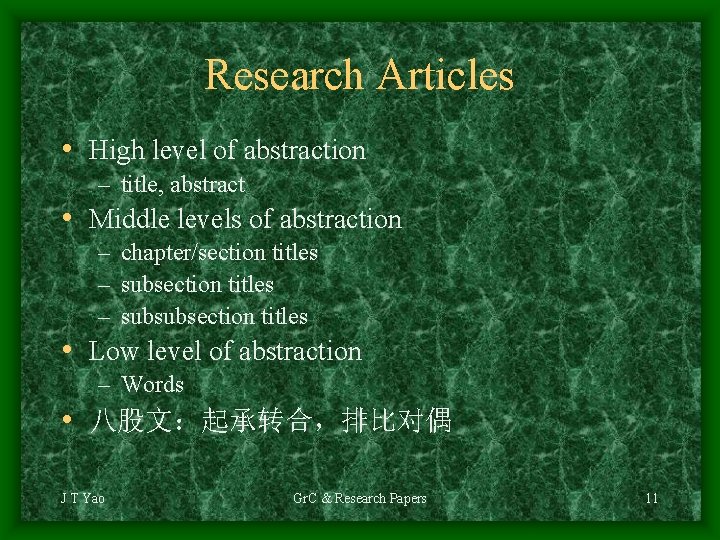 Research Articles • High level of abstraction – title, abstract • Middle levels of