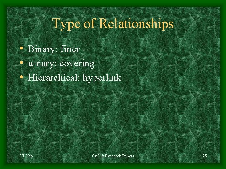 Type of Relationships • Binary: finer • u-nary: covering • Hierarchical: hyperlink J T