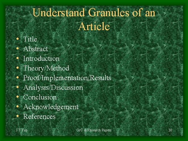 Understand Granules of an Article • • • Title Abstract Introduction Theory/Method Proof/Implementation/Results Analysis/Discussion