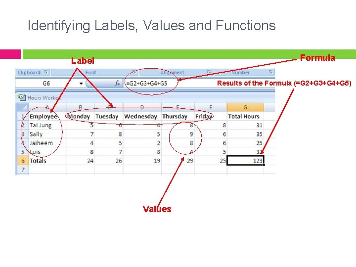 Identifying Labels, Values and Functions Formula Label Results of the Formula (=G 2+G 3+G