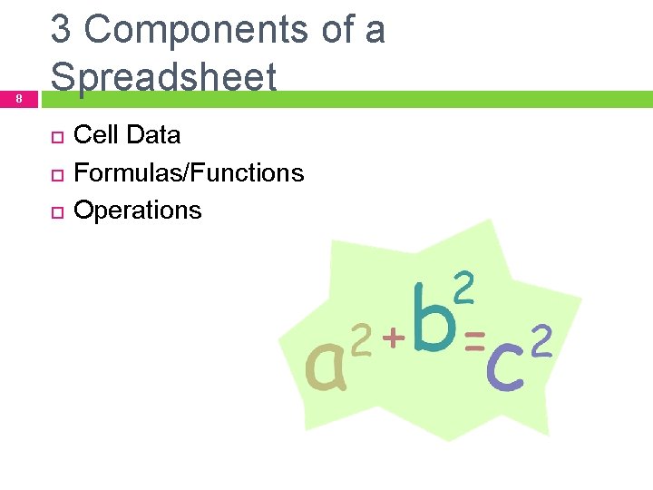 8 3 Components of a Spreadsheet Cell Data Formulas/Functions Operations 