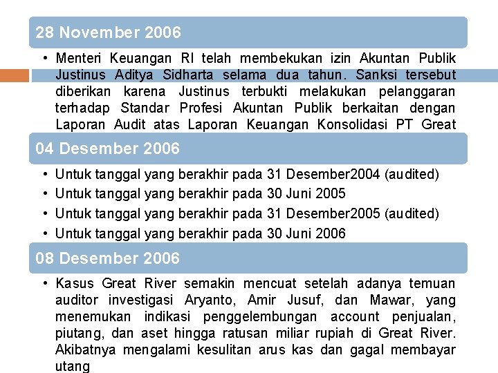 28 November 2006 • Menteri Keuangan RI telah membekukan izin Akuntan Publik Justinus Aditya
