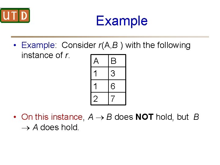 Example • Example: Consider r(A, B ) with the following instance of r. A
