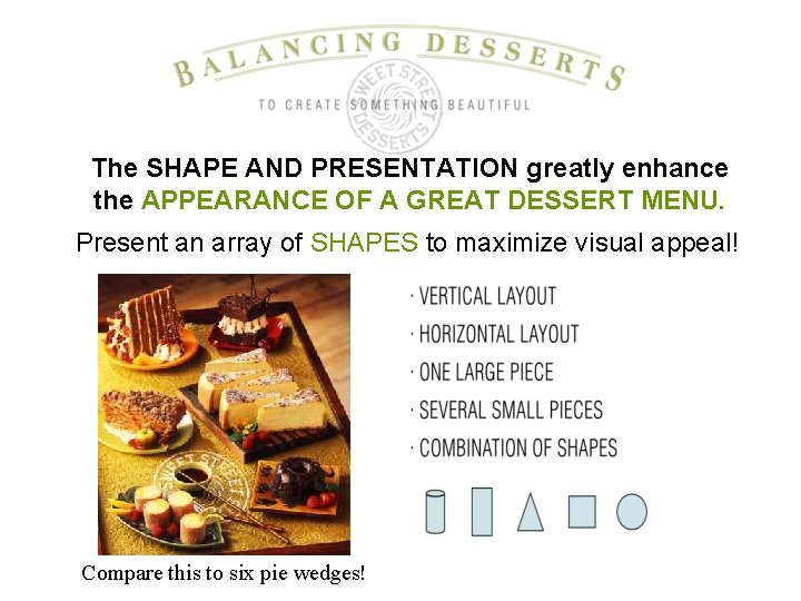 The SHAPE AND PRESENTATION greatly enhance the APPEARANCE OF A GREAT DESSERT MENU. Present