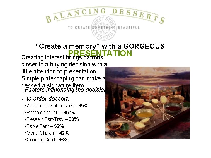 “Create a memory” with a GORGEOUS PRESENTATION Creating interest brings patrons closer to a