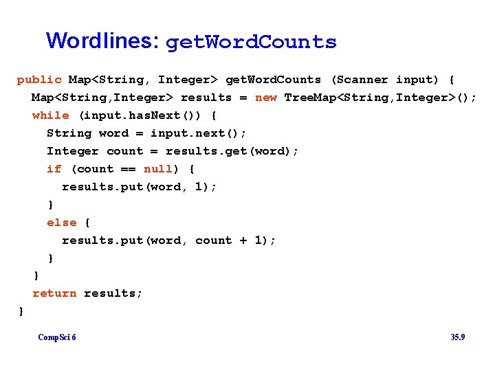Wordlines: get. Word. Counts public Map<String, Integer> get. Word. Counts (Scanner input) { Map<String,