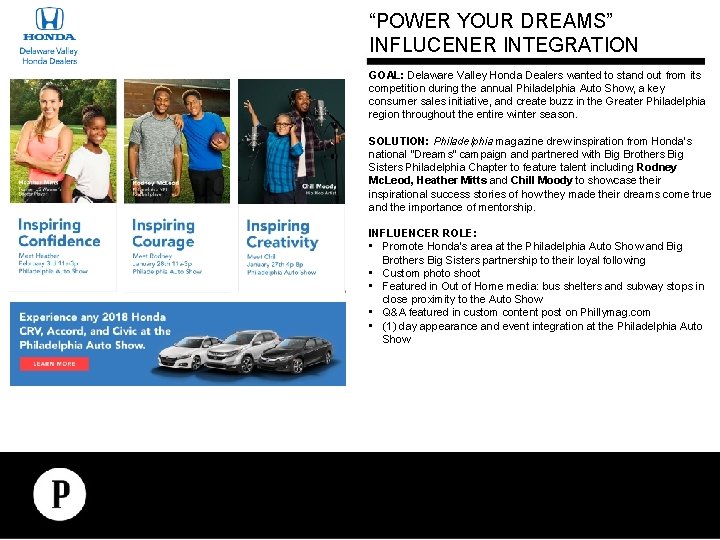 “POWER YOUR DREAMS” INTEGRATED INFLUCENER INTEGRATION PROPOSAL GOAL: Delaware Valley Honda Dealers wanted to