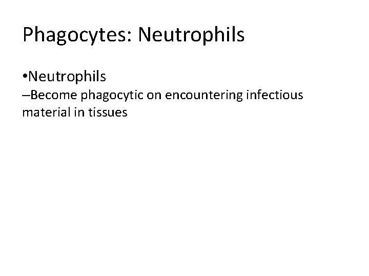 Phagocytes: Neutrophils • Neutrophils –Become phagocytic on encountering infectious material in tissues 