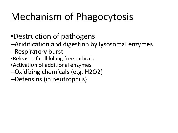 Mechanism of Phagocytosis • Destruction of pathogens –Acidification and digestion by lysosomal enzymes –Respiratory