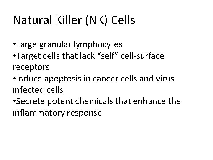 Natural Killer (NK) Cells • Large granular lymphocytes • Target cells that lack “self”