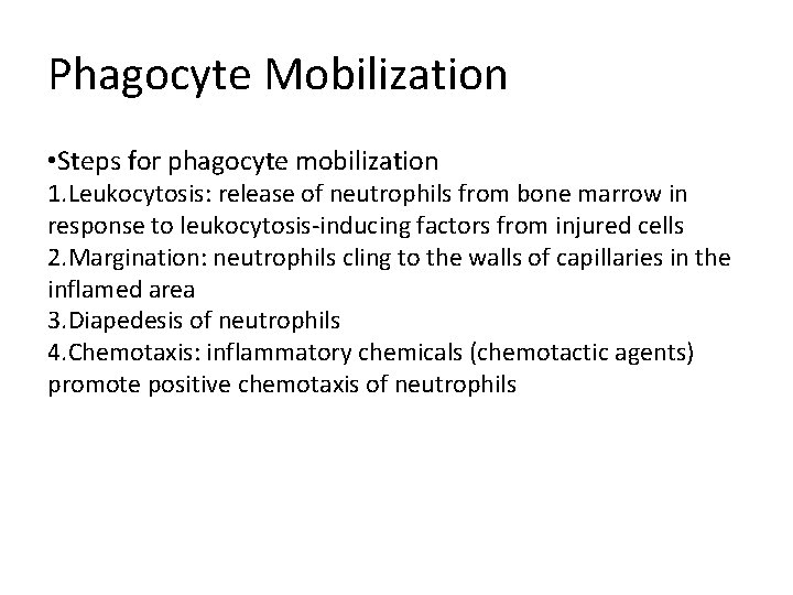 Phagocyte Mobilization • Steps for phagocyte mobilization 1. Leukocytosis: release of neutrophils from bone