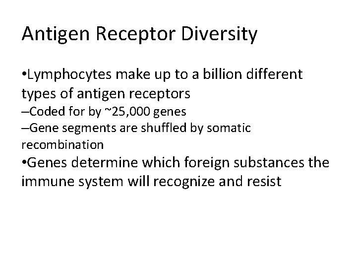 Antigen Receptor Diversity • Lymphocytes make up to a billion different types of antigen