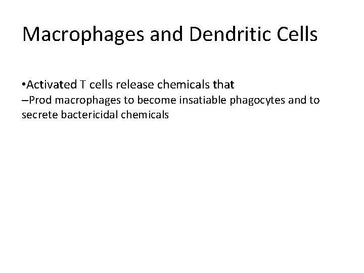 Macrophages and Dendritic Cells • Activated T cells release chemicals that –Prod macrophages to