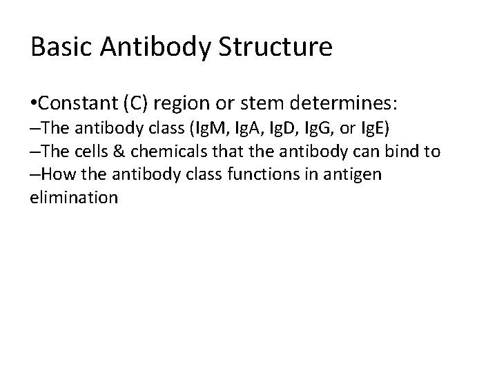 Basic Antibody Structure • Constant (C) region or stem determines: –The antibody class (Ig.