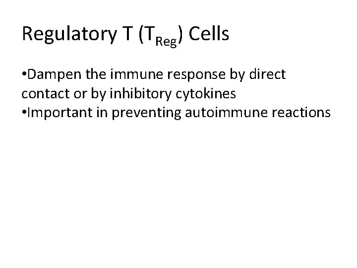 Regulatory T (TReg) Cells • Dampen the immune response by direct contact or by