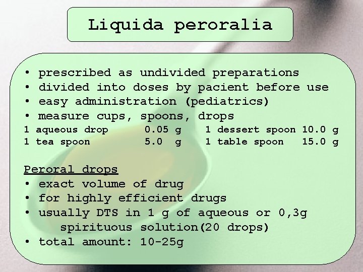 Liquida peroralia • • prescribed as undivided preparations divided into doses by pacient before