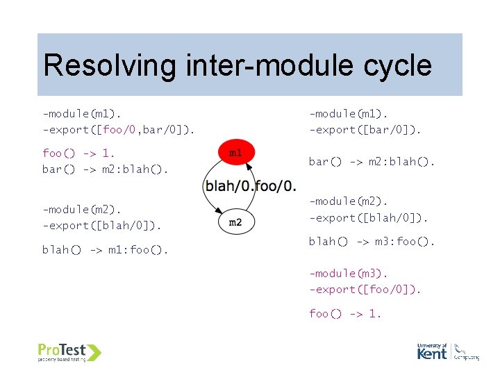 Resolving inter-module cycle -module(m 1). -export([foo/0, bar/0]). -module(m 1). -export([bar/0]). foo() -> 1. bar()