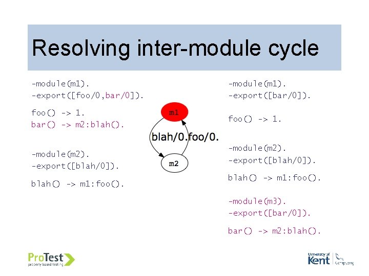 Resolving inter-module cycle -module(m 1). -export([foo/0, bar/0]). -module(m 1). -export([bar/0]). foo() -> 1. bar()