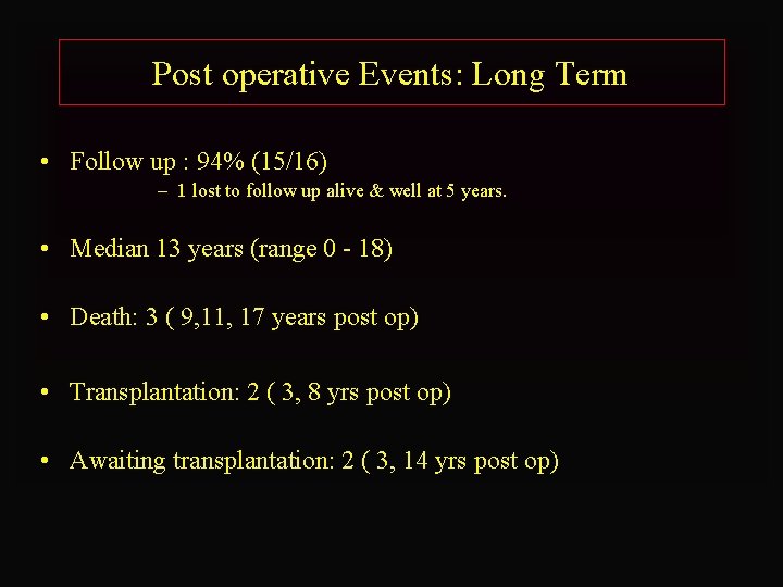 Post operative Events: Long Term • Follow up : 94% (15/16) – 1 lost