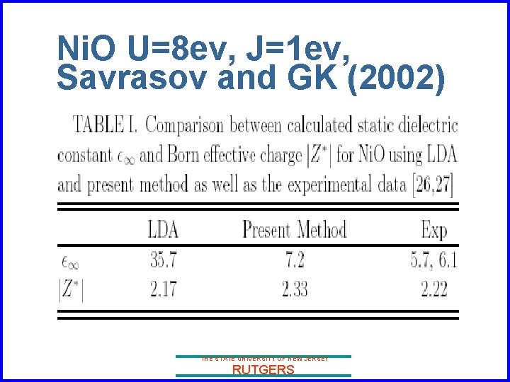 Ni. O U=8 ev, J=1 ev, Savrasov and GK (2002) THE STATE UNIVERSITY OF